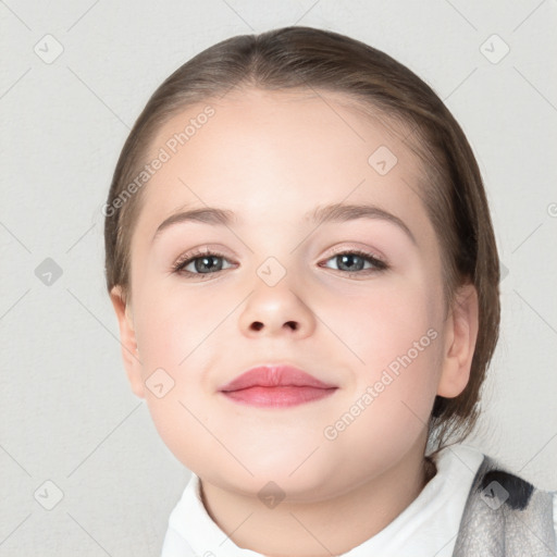 Joyful white child female with medium  brown hair and brown eyes