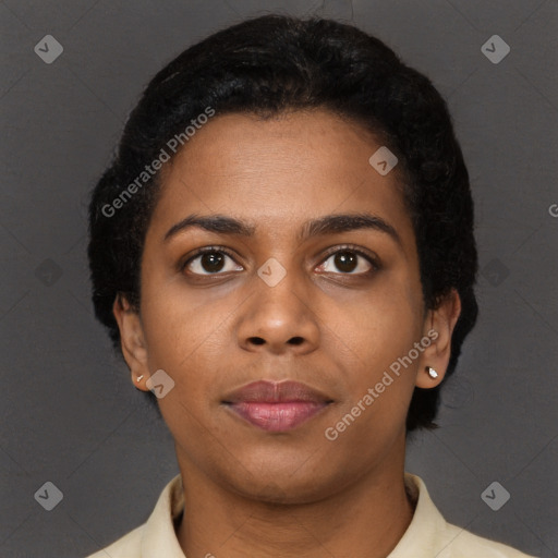 Neutral black young-adult female with short  black hair and brown eyes