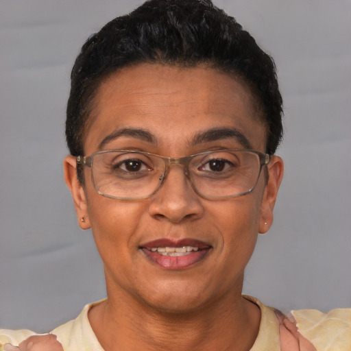 Joyful latino adult female with short  brown hair and brown eyes