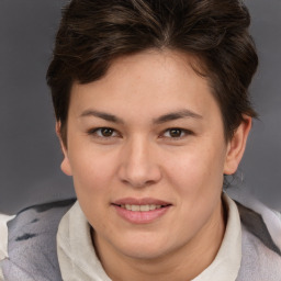 Joyful white adult female with short  brown hair and brown eyes