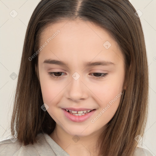 Joyful white child female with medium  brown hair and brown eyes