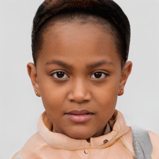 Joyful black child female with short  brown hair and brown eyes