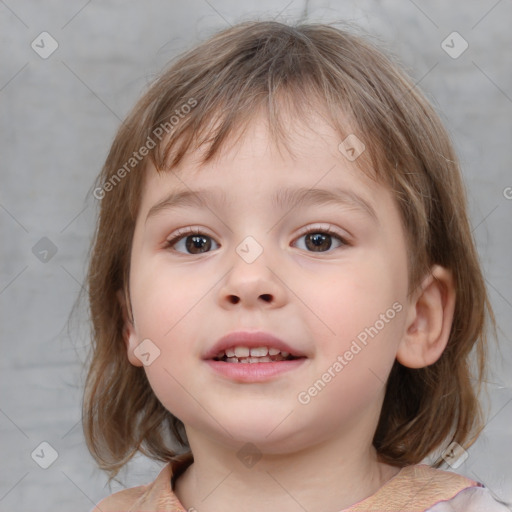 Joyful white child female with medium  brown hair and grey eyes