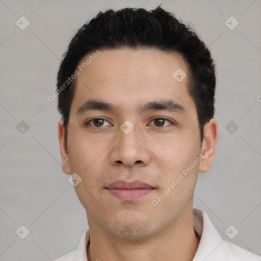 Neutral asian young-adult male with short  black hair and brown eyes