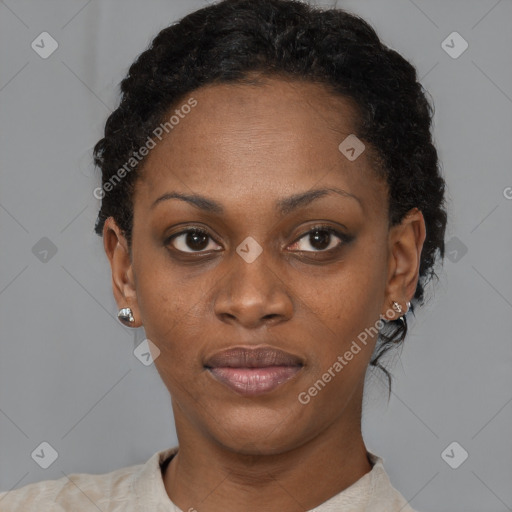 Neutral black young-adult female with short  black hair and brown eyes