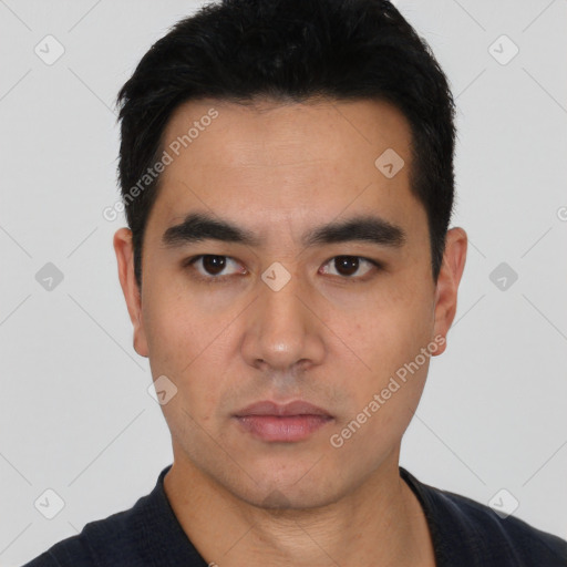 Neutral asian young-adult male with short  black hair and brown eyes