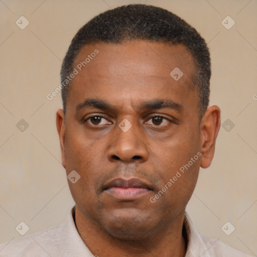Neutral black adult male with short  black hair and brown eyes