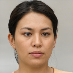 Neutral asian young-adult female with short  brown hair and brown eyes