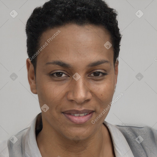 Joyful black young-adult female with short  brown hair and brown eyes