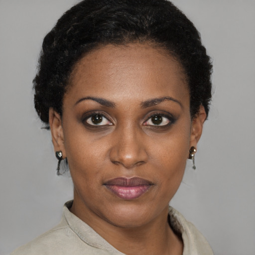 Joyful black adult female with short  black hair and brown eyes