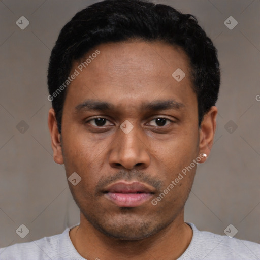 Neutral latino young-adult male with short  black hair and brown eyes