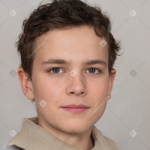 Neutral white young-adult male with short  brown hair and grey eyes