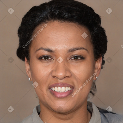 Joyful latino young-adult female with short  brown hair and brown eyes