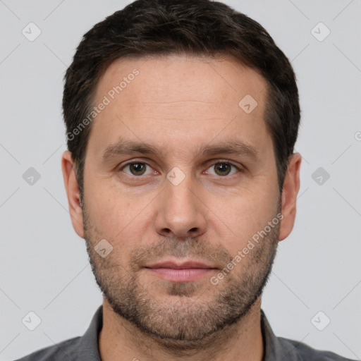 Neutral white adult male with short  brown hair and brown eyes