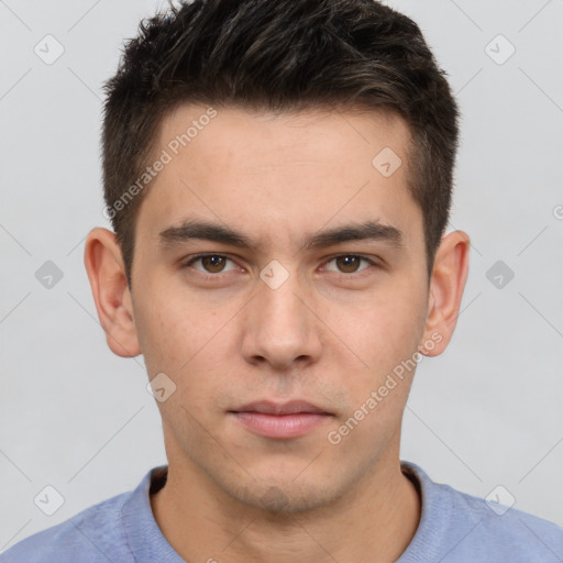 Neutral white young-adult male with short  brown hair and brown eyes