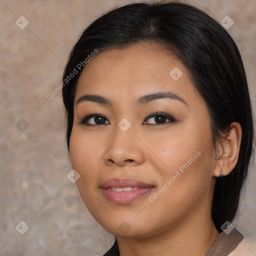 Joyful asian young-adult female with medium  brown hair and brown eyes