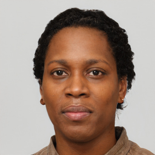 Neutral black adult female with short  black hair and brown eyes