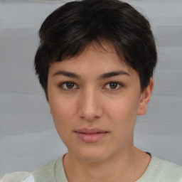 Neutral white young-adult female with short  brown hair and brown eyes