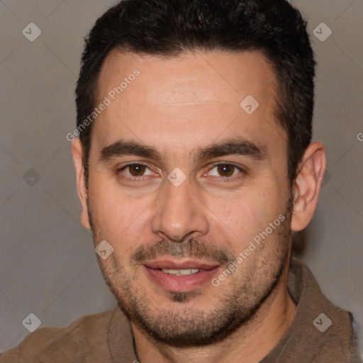 Joyful white adult male with short  brown hair and brown eyes