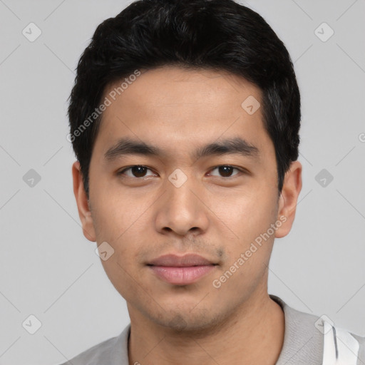 Neutral asian young-adult male with short  black hair and brown eyes