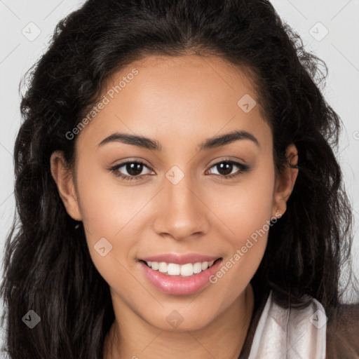 Joyful latino young-adult female with long  brown hair and brown eyes