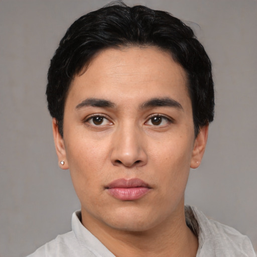 Neutral asian young-adult male with short  black hair and brown eyes