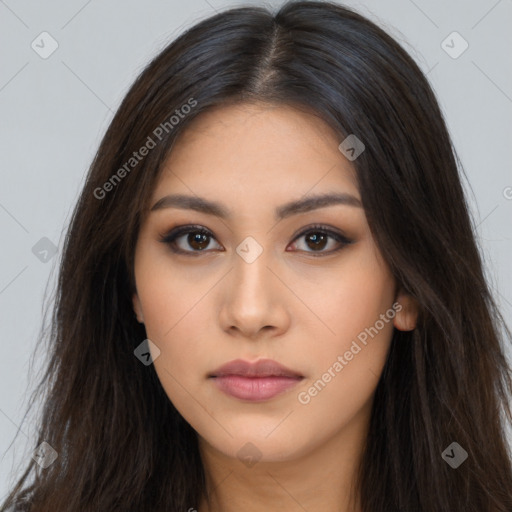 Neutral latino young-adult female with long  brown hair and brown eyes