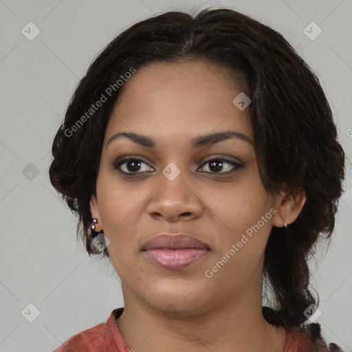 Joyful black young-adult female with medium  black hair and brown eyes