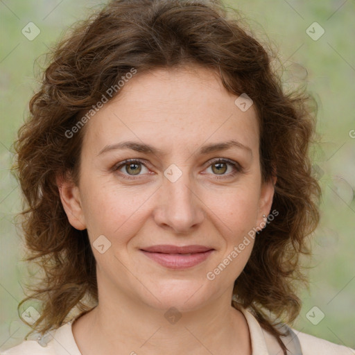 Joyful white young-adult female with medium  brown hair and green eyes