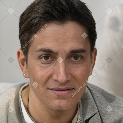 Joyful white adult male with short  brown hair and brown eyes