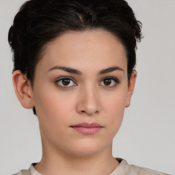 Neutral white young-adult female with short  brown hair and brown eyes