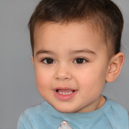 Joyful white child female with short  brown hair and brown eyes