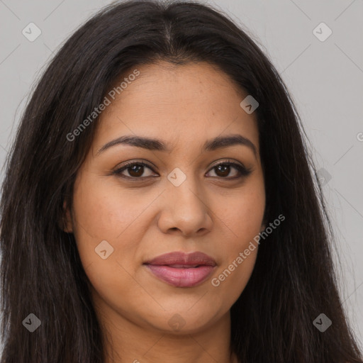 Joyful latino young-adult female with long  brown hair and brown eyes