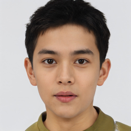 Neutral asian young-adult male with short  brown hair and brown eyes