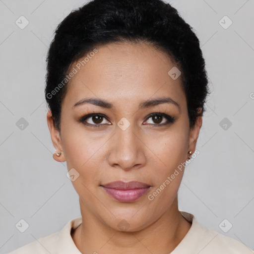 Joyful latino young-adult female with short  black hair and brown eyes