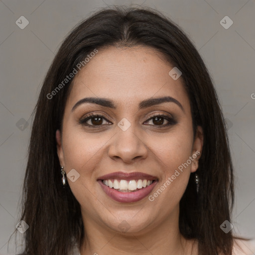 Joyful white young-adult female with long  brown hair and brown eyes