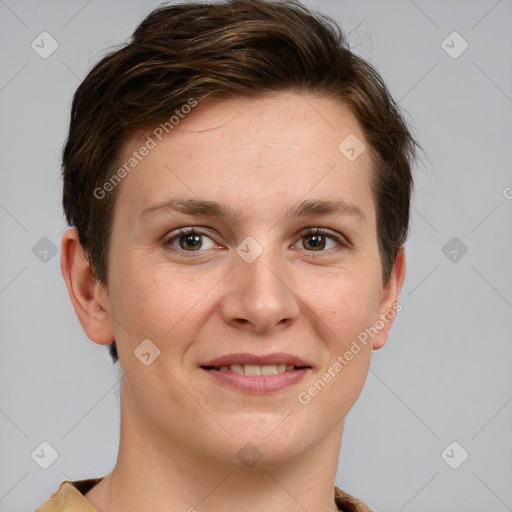 Joyful white young-adult female with short  brown hair and grey eyes