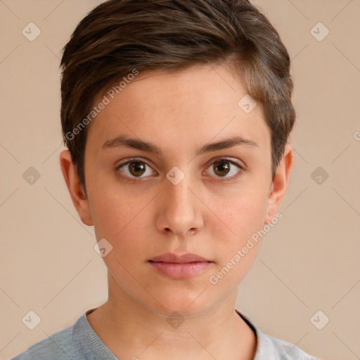 Neutral white young-adult female with short  brown hair and brown eyes