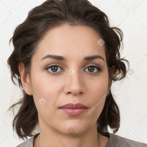 Neutral white young-adult female with medium  brown hair and brown eyes