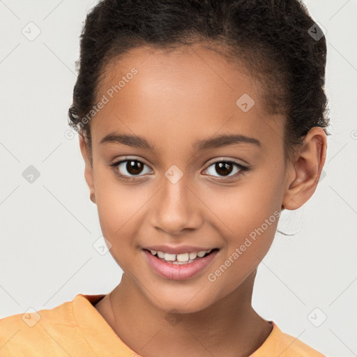 Joyful white child female with short  brown hair and brown eyes