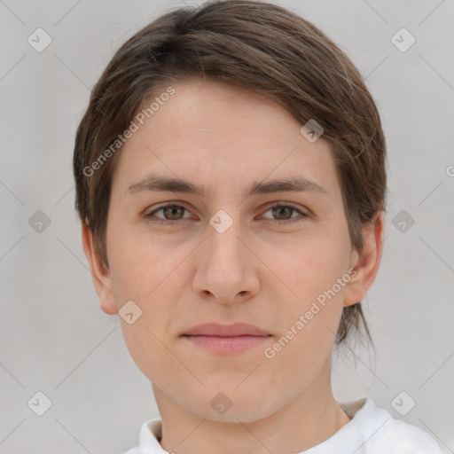 Neutral white young-adult female with short  brown hair and brown eyes