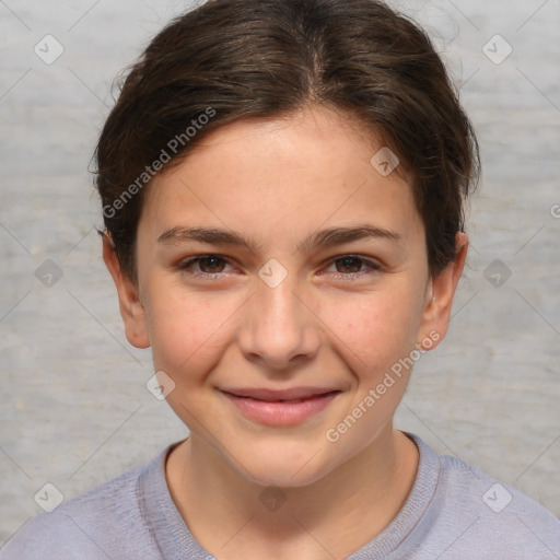 Joyful white child female with short  brown hair and brown eyes