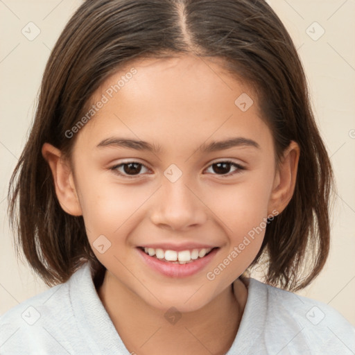 Joyful white child female with medium  brown hair and brown eyes