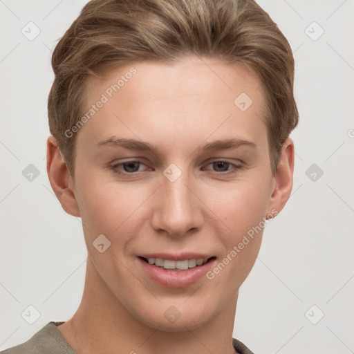 Joyful white young-adult female with short  brown hair and grey eyes