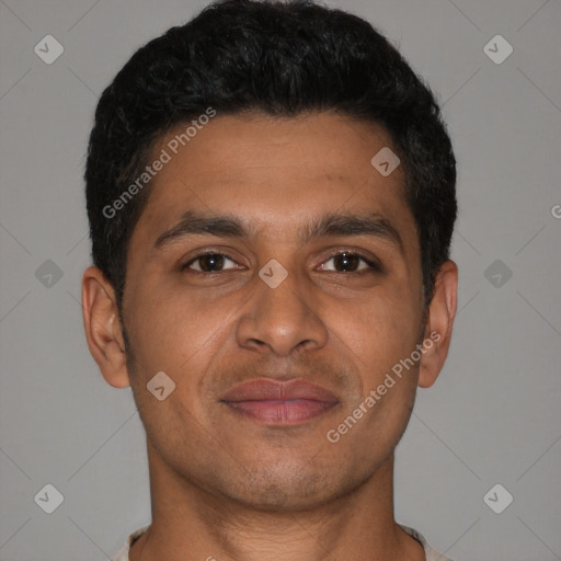 Joyful latino young-adult male with short  brown hair and brown eyes