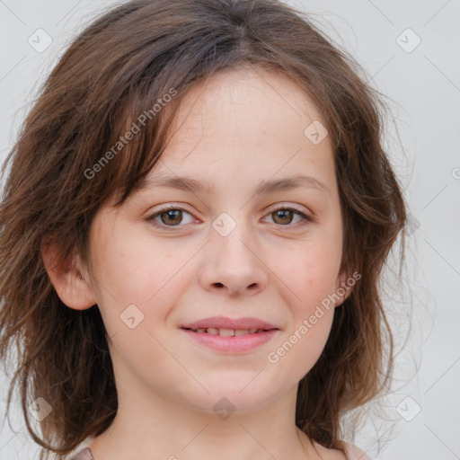 Joyful white child female with medium  brown hair and grey eyes