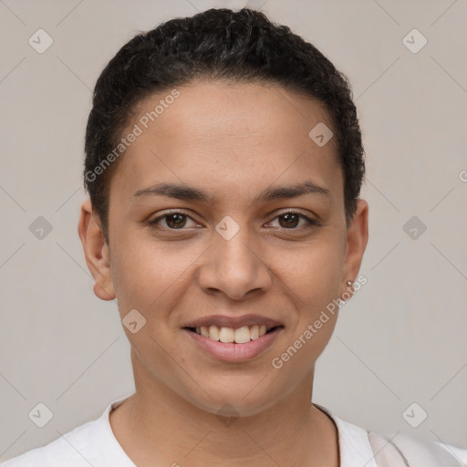 Joyful white young-adult female with short  brown hair and brown eyes