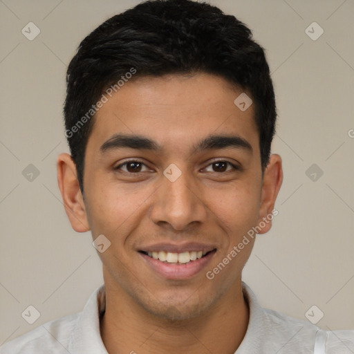 Joyful latino young-adult male with short  black hair and brown eyes