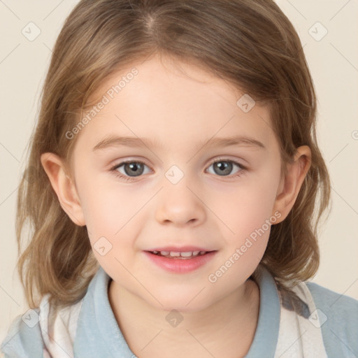 Joyful white child female with medium  brown hair and grey eyes