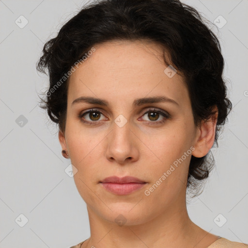 Neutral white young-adult female with short  brown hair and brown eyes